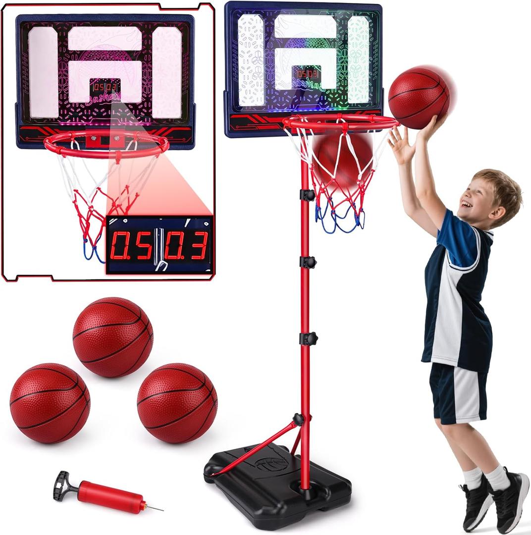 Basketball Hoop for Kids 3 4 5 6 7 8 Years Old, Electronic Basketball Goal with Adjustable Stand, 7 LED Lights & Scoreboard, Indoor Outdoor Sports Toy, Birthday for Kids Boys Ages 3-12