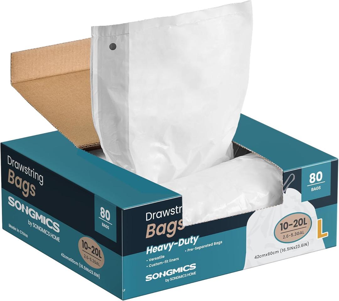 SONGMICS Trash Bags for 5.3 Gallon (20 L) Trash Cans, Drawstring Kitchen Garbage Bags, Pre-Separated, Quick-Dispense Box, Liner Code L, 2 Rolls, 80 Count, White UKRB021A02