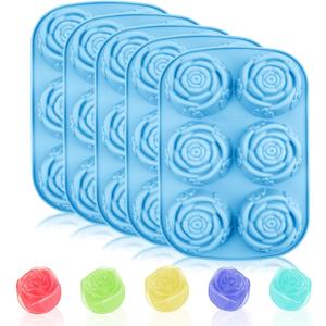 5PCS Rose Silicone Molds, 6-Cavity Non-Stick Flower Ice Cube Mold, 3D Baking Molds Silicone Shapes for Chocolate Cake Candy Cupcakes Pudding Muffins Ice Cube Cocktails Handmade Soap Making (Blue)
