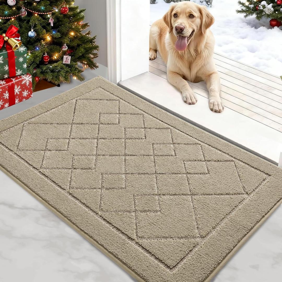 REFETONE Dirt Trapper Door Mat 32" x 40", Washable Indoor Doormat Rubber Backing Non Slip, Resist Dirt and Absorbent Entrance Mat, Low Profile Inside Floor Mats for Front Back Door and Entryway, Beige
