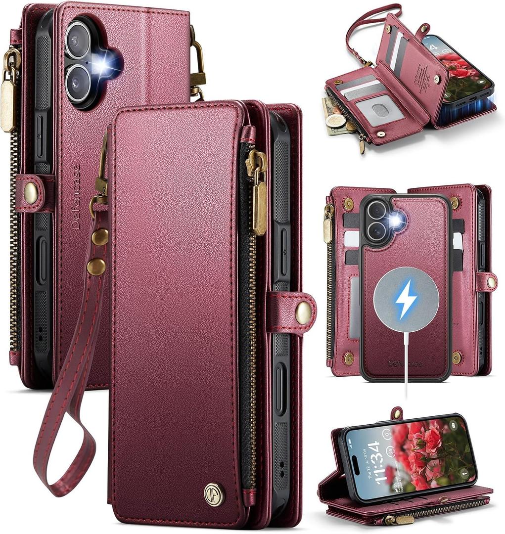 Defencase for iPhone 16 Magnetic Wallet Case Compatible with Magsafe with RFID Blocking Zipper Pocket & Card Holder for Women Men PU Leather Strap Detachable Case for iPhone 16 (6.1 inch), Wine Red