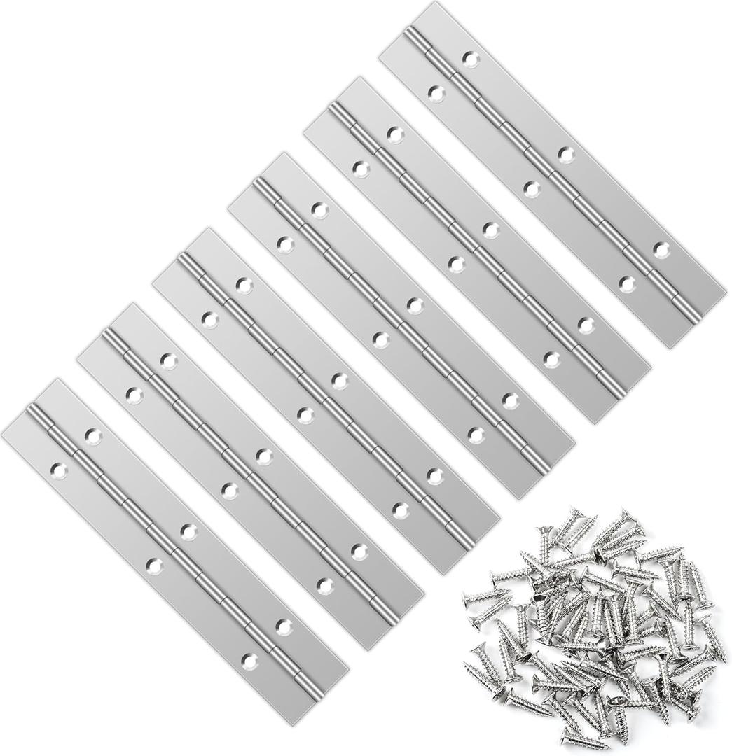 6 PCS 6 Inch Stainless Steel Piano Hinge Heavy Duty with 36 Pcs Screws for Cabinets Boat Marine Door DIY Woodworking Storage Box Hatche Furniture Hardware Silvery