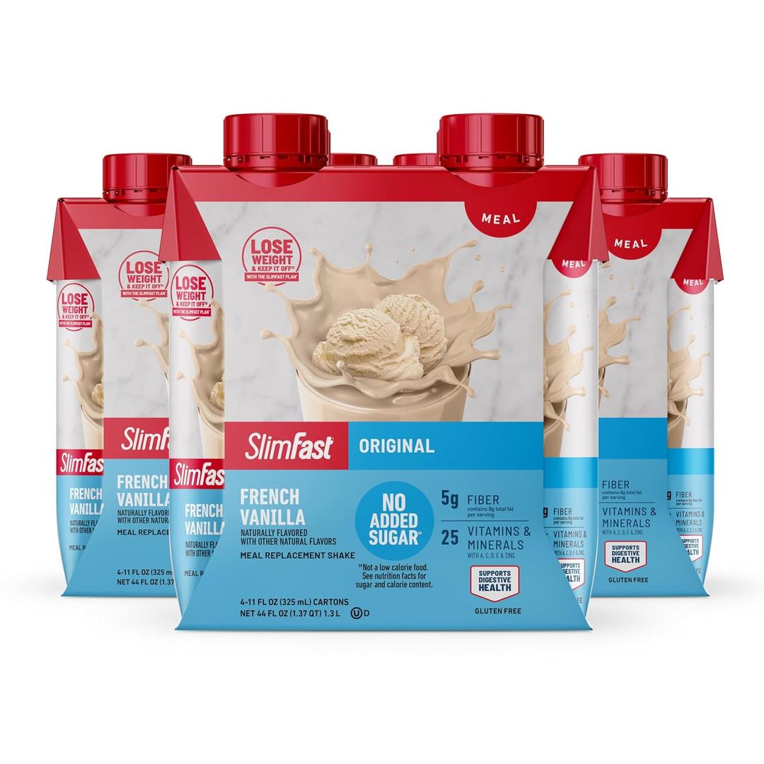 SlimFast Meal Replacement Shake, Original French Vanilla, No Added Sugar, Meal Replacement Shakes, 10g Ready to Drink Protein, 5g Fiber, 25 Vitamins and Minerals, 11 Fl. Oz, 12 Count (BBD Jun 21 2026)