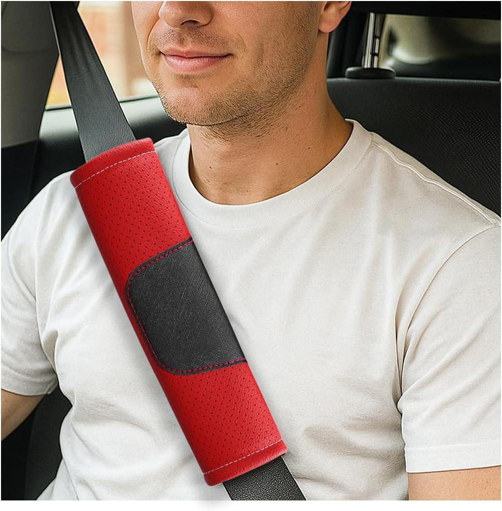 2PCS Car Seat Belt Cover, Soft Leather Vehicle Seatbelt Strap Shoulder Cushion Pad, Comfortable Automotive Interior Seat Belt Harness Mat, Universal for Truck SUV RV (Red)