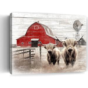 Barn Prints Farmhouse Old Barn Wall Art Red Barn Windmill Highland Cattle Rustic Bedroom Wall Decor Farmhouse Barn Windmills Art For Bathroom Bedroom Living Room Framed Ready To Hang 12x16 Inch (12L" x 16W")