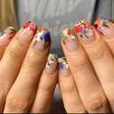 French Tip Press on Nails Medium Square OFDNE Flower Fake Nails False Nails with Colorful Floral Designs Nude Glossy Glue on Nails French Manicure Acrylic Nails for Women Girls 24Pcs (F3)