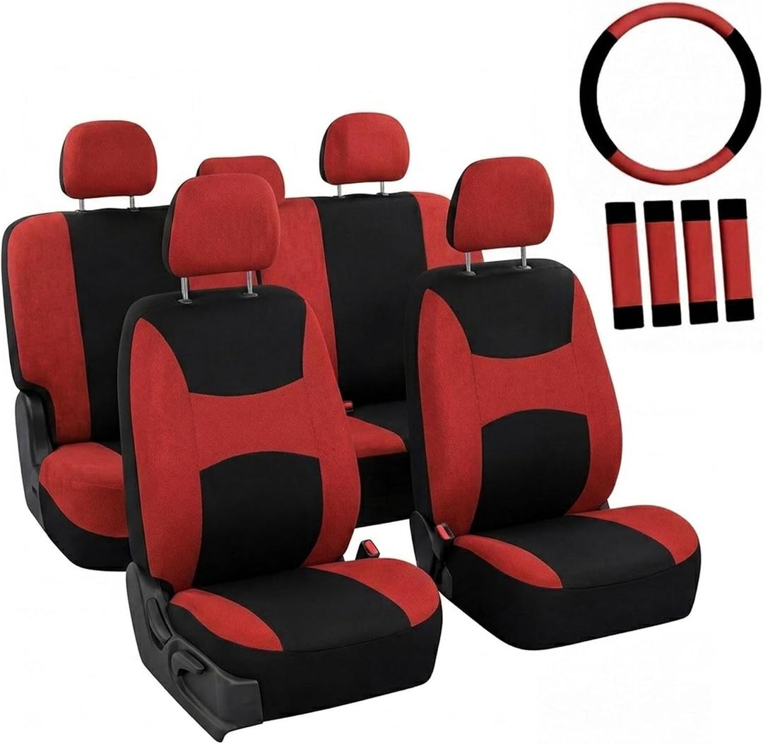 FH Group Car Seat Covers Full Set Cloth, Universal Fit combo, Automotive Covers, Low Back Front Airbag Compatible,Split Bench Rear Seat,Washable Cover for SUV,Sedan,Van Red