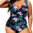 Aqua Eve Women Plus Size One Piece Swimsuits Tummy Control Bathing Suits V Neck Ruched Swimwear (Floral)