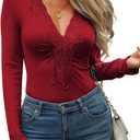 CiCiBird Womens Sexy Lace V Neck Long Sleeve Top Slim Fit Going Out Shirt 2025 Spring Fall Fashion Tee (Red, L)