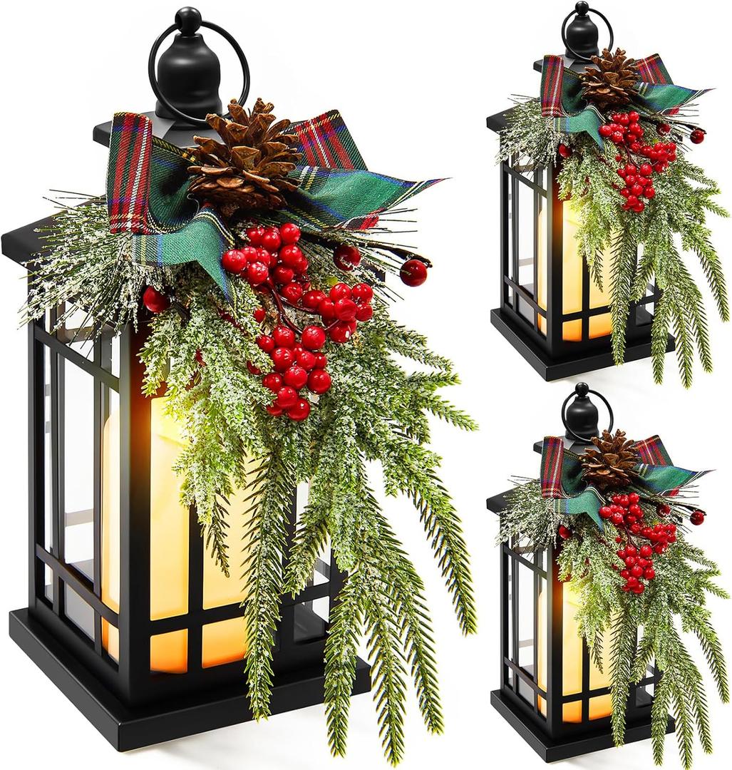 ROCEEI 3 Set Christmas Decorative Lantern Porch Decorations with LED Flickering Flameless Candle 14 Inch Vintage Hanging Lantern Xmas Centerpieces for Tables Indoor Outdoor Decor (Vintage Style)