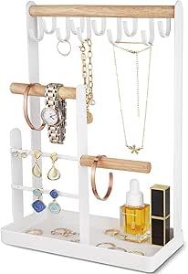 ProCase Jewelry Organizer Stand Necklace Holder, 4-Tier Jewellery Organizers Earring Tower Display Rack with Metal Storage Tray for Bracelet Rings, Gifts for Women Girls -White