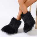 Women's Faux Fur Boots Furry Mid Calf Fur Boots Winter Warm Plush Surface Snow Boots Comfortable Outdoor Flat Shoes (Black)