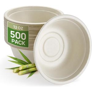 Goodluck 500 Pack Natural Brown 12 oz Compostable Deep Bowls, Heavy Duty Bagasse Disposable Paper Bowls, Microwave Safe Sugarcane Fiber Bowls for Soup, Salad, Cereal & Meal Prep
