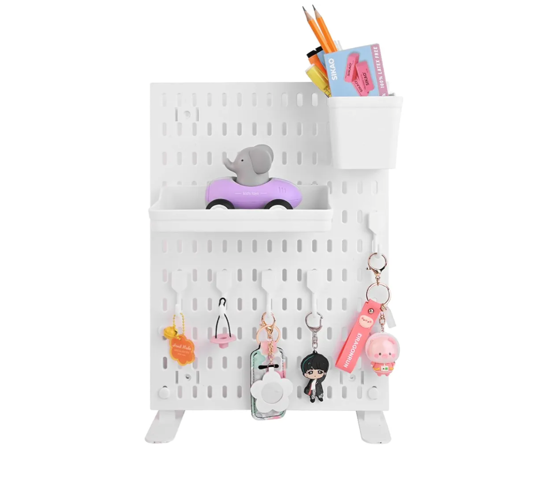 Desk Pegboard Combination Kit,Desk Organizer for Home Office,Plastic Peg Board with 7 Accessories Hooks Shelf Baskets, 16.5" x 11.8"
