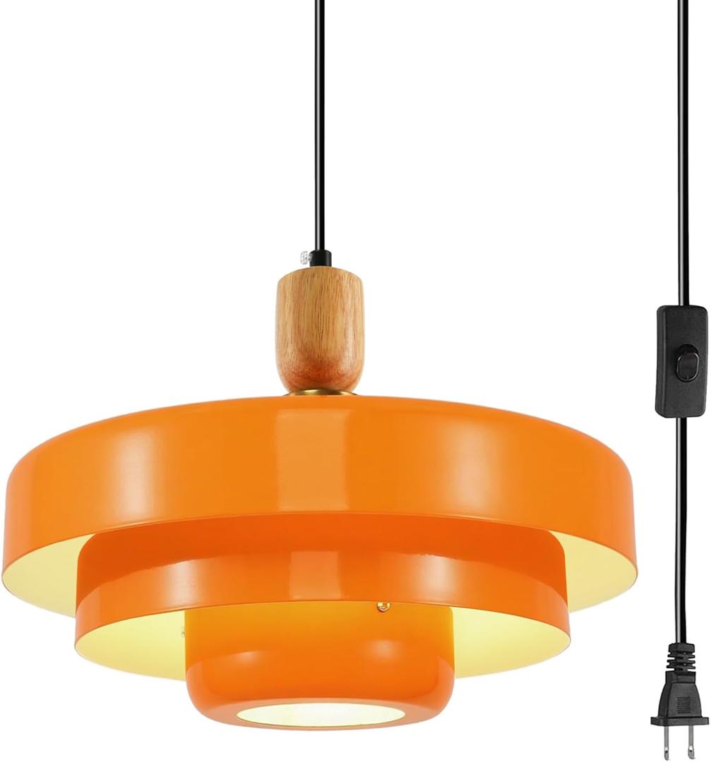 Vintage Plug in Pendant Light Kitchen Island Mid Century Hanging Lamp with Plug in Cord 3-Layer Orange Metal Pendant Light with Wood Accent for Living Room Dining Bedroom Kitchen, Orange, Wood