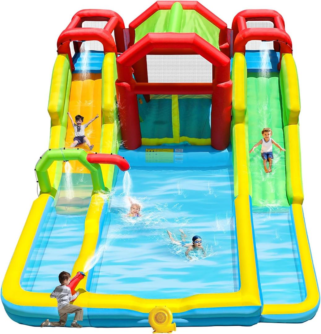 WELLFUNTIME Inflatable Water Double Slides Park with Blower, Shade Tent Bounce House with 2 Climbing Walls, 3 Water Pools, 226x168x98 Inch