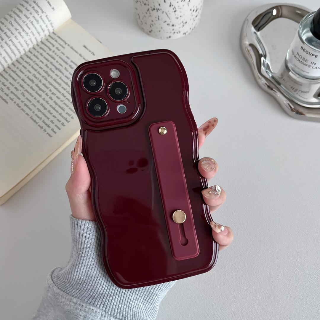 FABSPARK Phone Case for iPhone 17 Pro with Flexible Adjustable Soft Finger Hand Wrist Strap Holder Kickstand,Wave Design Wavy Frame Silicone Aesthetic for iPhone 17 Pro Phone Case,Wine Red