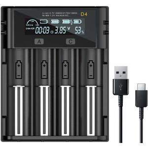 Universal Battery Charger, 4 Bay Battery Charger with Smart LCD Display Fast Charge for Rechargeable Batteries Li-ion LiFePO4 NI-MH NI-Cd AA AAA C 21700 26650 13650 16340 18350 18700 RCR123