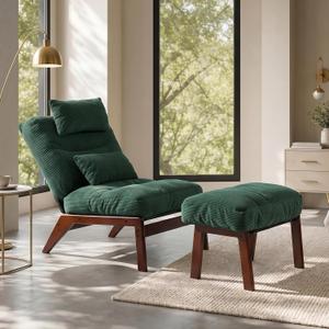 GEMBED Accent Chair with Ottoman Adjustable Backrest, Comfy Lounge Chair Single Sofa with Headrest Lumbar Pillow, Reading Chair with Footrest for Bedroom, Living Room, Green