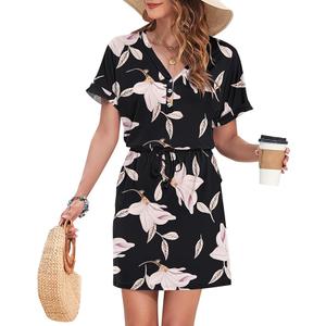 AUSELILY Womens Summer Dress 2025 Casual Short Sleeve Sundress V Neck Tie Button Beach Swing Dresses with Pockets, Morning Glory 2XL