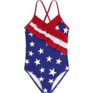 Zando Girls' One Piece Swimsuit, Size 6, C American Flag Red Ruffles, UPF 50+, Quick Dry, Slim Form