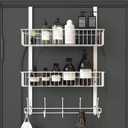 Over The Door Hooks, Door Hanger Towel Rack with 5 Coat Hooks & 2 Mesh Basket, Over Door Organizer for Bathroom, Bedroom, Kitchen, Office, Easy Installation, White