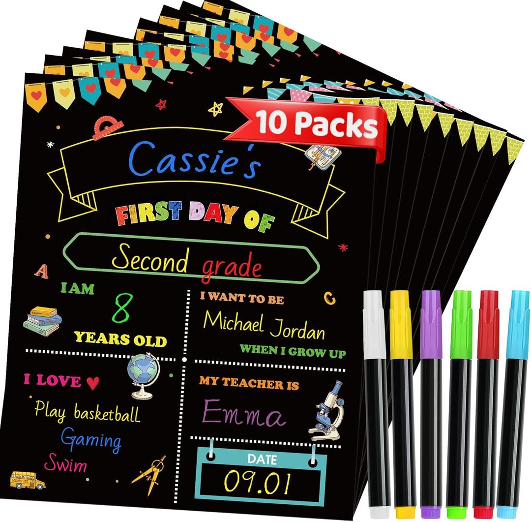 10 Packs First Day of School Sign, 12" X 10" Back to School Sign, Double-Sided Paper Chalkboard First and Last Day of Schools, Reusable Photo Prop for Kindergarten Preschool Kids with 6 Liquid Chalk