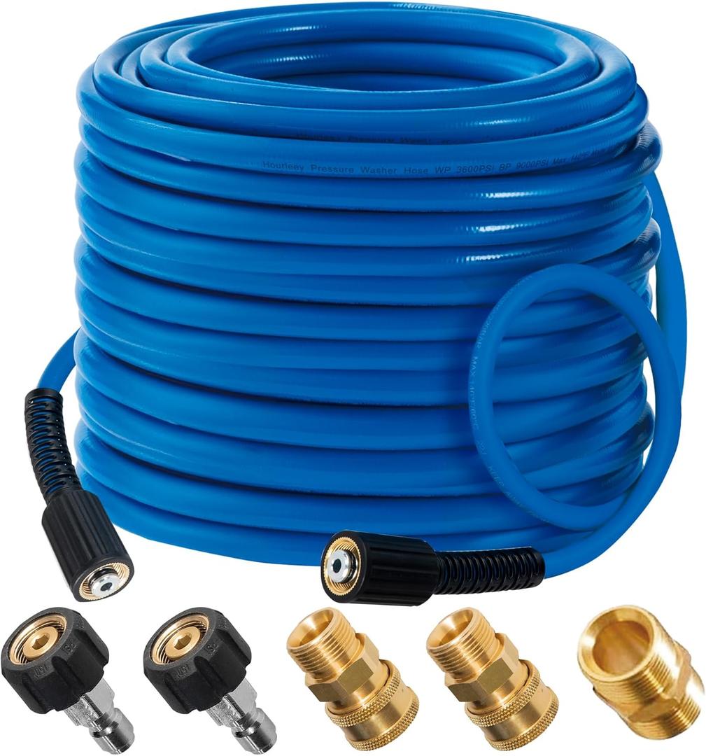 Hourleey Pressure Washer Hose 50 FT, 3600 PSI Flexible Kink Resistant Power Washer Hose Replacement, 1/4" Quick Connect Pressure Washer Hose Extension With M22 x 3/8", Blue