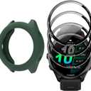 Watch Screen Protector (3+1Pack) Compatible for Garmin Forerunner 570 47mm,Full Coverage 3D Curved Edge Frame PET Film Anti-Scratch High Definition and TPU Protective Case (green)