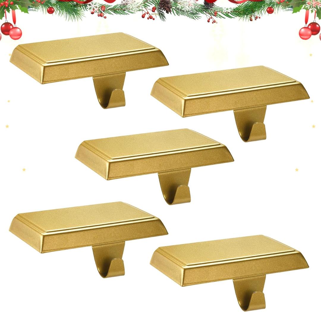 popamaz Christmas Stocking Holders for Mantle, Weighted Stocking Hangers, Christmas Stocking Hooks for Tables Window Fireplace Mantle Decoration(Gold, 5PCS)