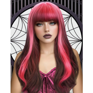 Draculaura Neon Pink Wig with Bangs Reverse Ombre Hot Pink Long Loose Body Wavy Wig with Curtain Bangs for Women 26 Inch Highlight Root Synthetic Draculaura Cosplay Halloween Party Use