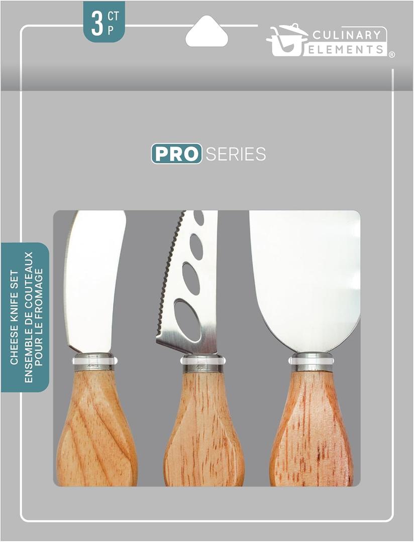Pro Series 3-Piece Cheese Knife Set, Wood Handle and Stainless Steel, Spreader, Pronged Knife, Spatula
