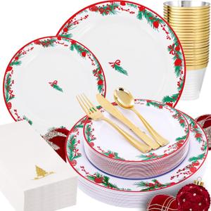 Morejoy 175PCS Christmas Plastic Plates - White Green plateS & Christmas Plates Disposable Include 25 Dinner Plate,25 Dessert Plate,25 Cups,25 Forks,25 Knives,25 Spoons,25 Napkins for New Year party
