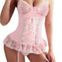 Sexy Lingerie for Women Rave Outfits Lace Up Corset Bodysuit Teddy Lingerie Set with Garter Belt (Pink, L)
