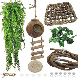 6PCS Crested Gecko Coconut Hut, Lizard Coco Den with Ladder and Reptile Hammock Bearded Dragon Tank Accessories Climbing Hanging Plants Jungle Vine Flexible Reptile Leaves Decor