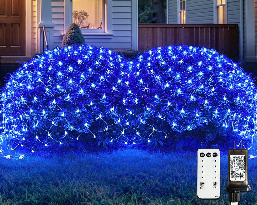 JMEXSUSS Blue Christmas Net Lights 360 LED 12ft x 5ft Bush Lights Plug in Outdoor 8 Modes Connectable for Christmas Bush Decorations, Clear Wire