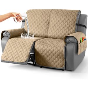 TAOCOCO 100% Waterproof Recliner Covers, Recliner Sofa Covers with Leg Straps, Reversible Recliner Couch Cover for Reclining Chair, Washable Couch Protector for Pets Kids(2 Seater, Camel)