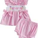 Baby Girl Birthday Outfit Letters Bow Embroidery Short Sleeve Shirts Elastic Waist Shorts Birthday Summer Clothes (Pink,  3-6 Months)
