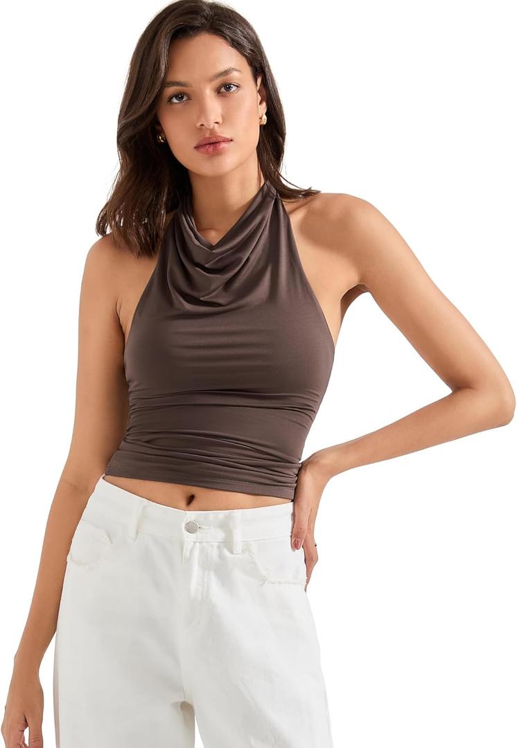 SUUKSESS Women Halter Backless Tank Tops Sexy Cowl Neck Summer Going Out Cami Tops (Brown) XS
