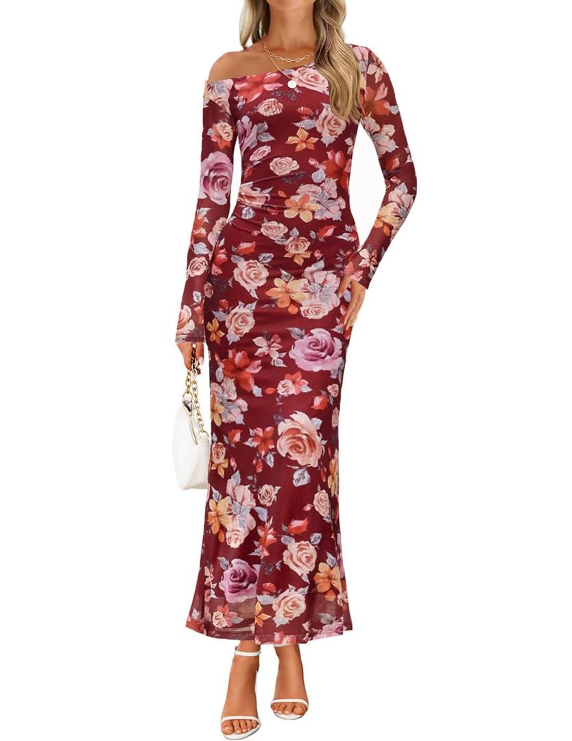 ZESICA Women's Long Sleeve Floral Maxi Dress 2026 Fall Off Shoulder Bodycon Ruched Mesh Cocktail Wedding Guest Dresses (Medium,)