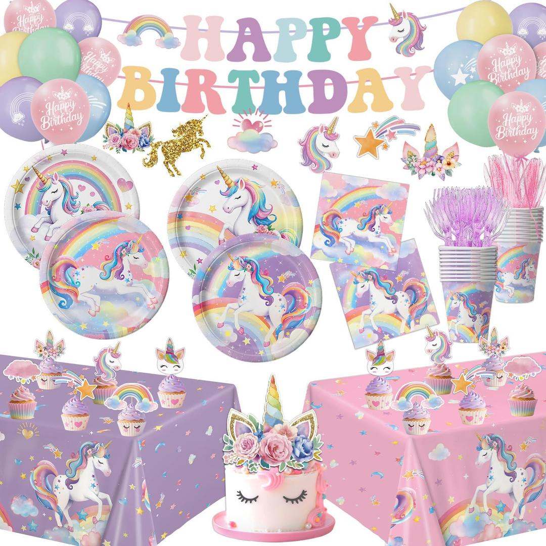 Unicorn Birthday Decorations Includes Plates, Napkins, Cups, Cutlery, Hanging Swirls, Banner, Cake & Cupcake Toppers, Balloons, Tablecloths for Rainbow Girls Birthday Party Decorations, Serve 20