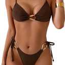 SHENHE Women's Thong Bikini Set Triangle V Neck Ring Linked Side Tie Swimsuits 2 Piece Swimwear (Brown), Small