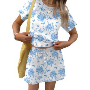 TCOT Pajamas for Women Set Summer Fashion Short Sleeve Crewneck Tops with Skirt Sets Pajama Casual Loungewear (X-Large, B White Blue Floral)