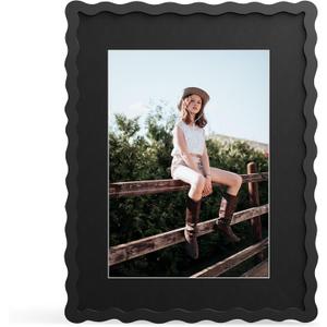 11x14 Picture Frame with Mat for 8x10, Wavy Edge Wooden Real Glass Photo Frame for Wall Hanging, Black, 1 Pack