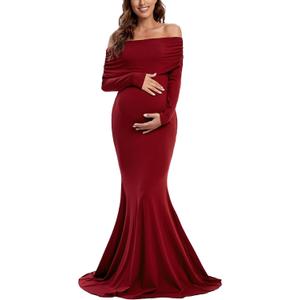 Glampunch Off Shoulders Maternity Dress Long Sleeve Ruched Maternity Gown Baby Shower Photography Pregnant Dress (Small, Wine Red)