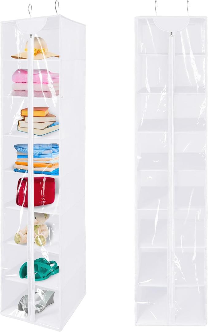 8 Tier Clear PVC Closet Hanging Organizer with Zipper, Foldable Hanging Closet Organizers and Storage, Hanging Clothes Storage Organizer, hanging shoe organizer, White Closet Shelves