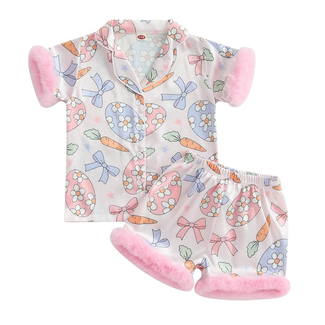 Ayalinggo Baby Girl Easter Pajamas Toddler Kids Egg Bunny Pjs Feather Trim Satin Sleepwear Nightgown Button Down Shorts Set (Pink Floral Feather, 9-10 Years)
