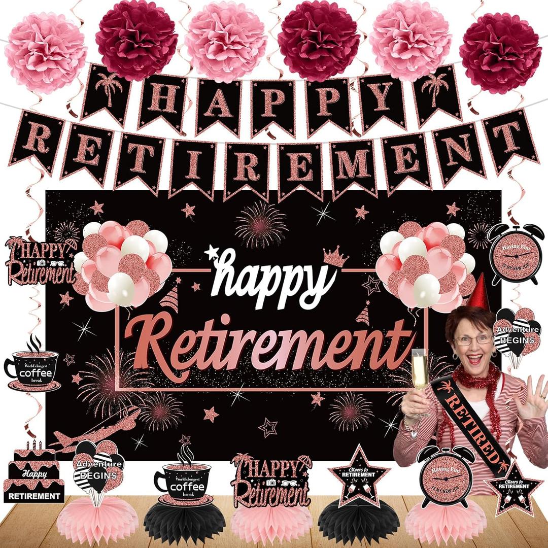 20PCS Happy Retirement Party Decorations Kit for Women, Rose Gold Retirement Backdrop Balloons Honeycomb Centerpiece Swirl Paper Pompoms Party Supplies, Retired Sash Table Topper Swirls Set