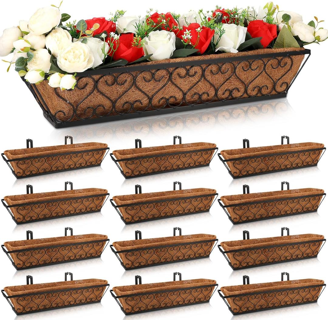 Wenqik 12 Set Window Deck Railing Planter Boxes with Coconut Liner 24" Balcony Railing Planter Metal Flower Box Hanging Decoration for Outdoor Fence Patio