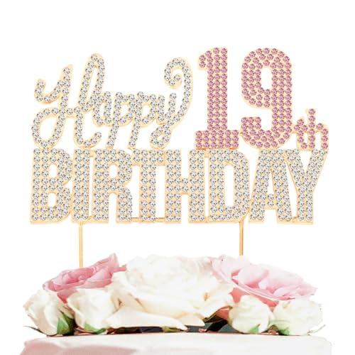 Nelbiirth Happy 19th Birthday Gold & Pink Rhinestone Cake Topper - Cheers to 19 Years Old Nineteen Bday Metal Sparkly Cake Centerpieces Topper Decorations Sign.
